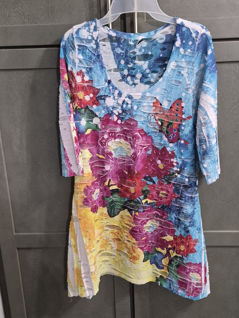FLAX by Jeanne Engelhart Blue Multicolor Floral Tunic